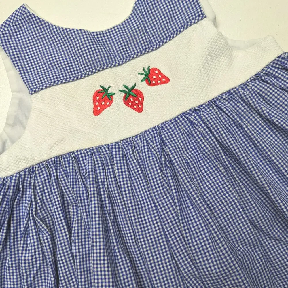 Vintage Peppermint Pony Dress Girls Size 2T Blue Gingham Strawberry Sundress - Picture 2 of 5